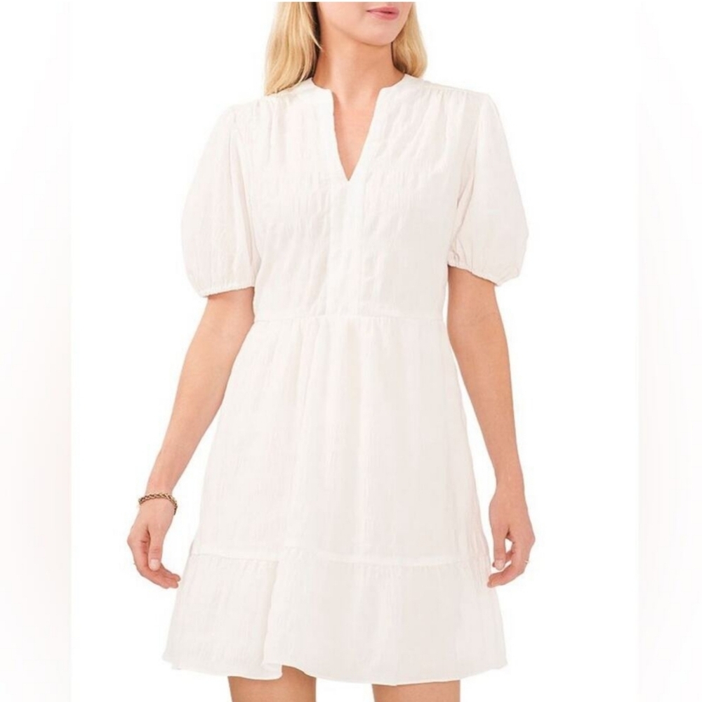 Vince Camuto Blooming Floral Babydoll Ruffle Puff Sleeve Dress  S White Ivory